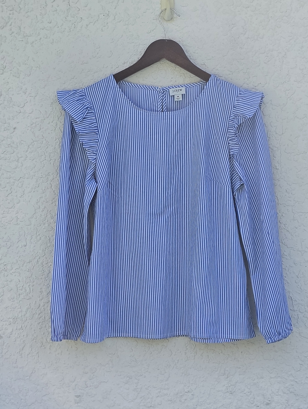 ​J. Crew Blue & White Striped Ruffle Shoulder Long Sleeve Blouse - Size M